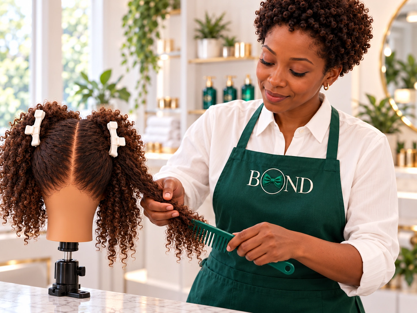 Illustrative Black textured-hair professional demonstrating sectioning on a mannequin