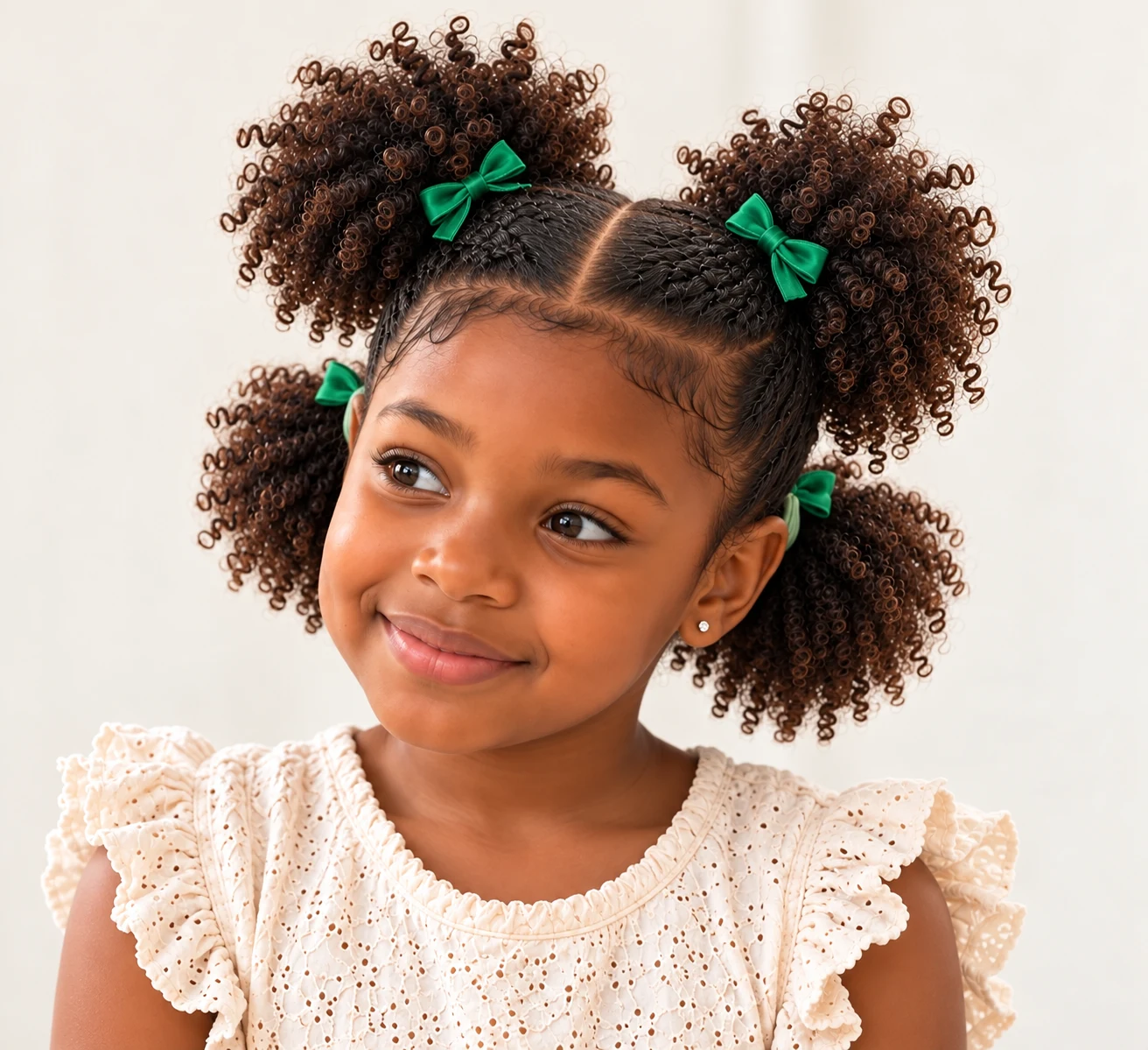 Maya smiling in the puff style she chose, with green bows