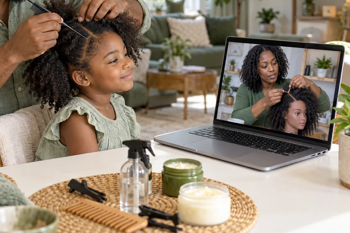 A stylist guides by video while Dad parts Maya’s hair at home
