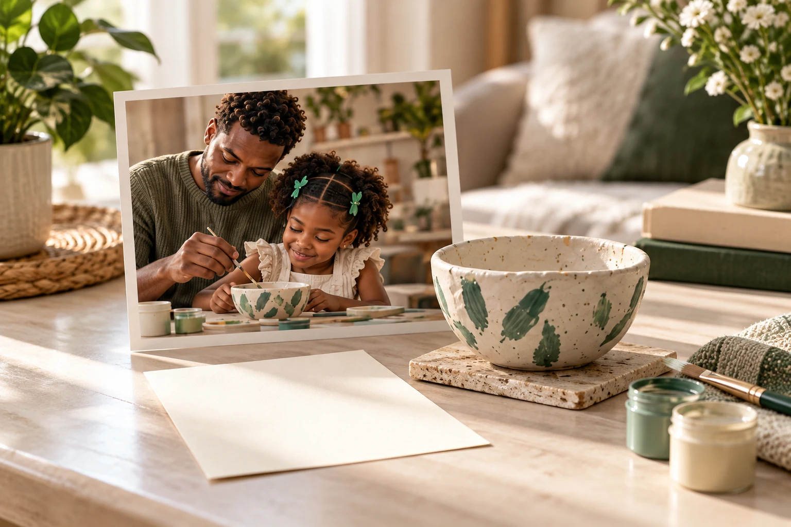 A handmade bowl with a photograph of Marcus and Maya