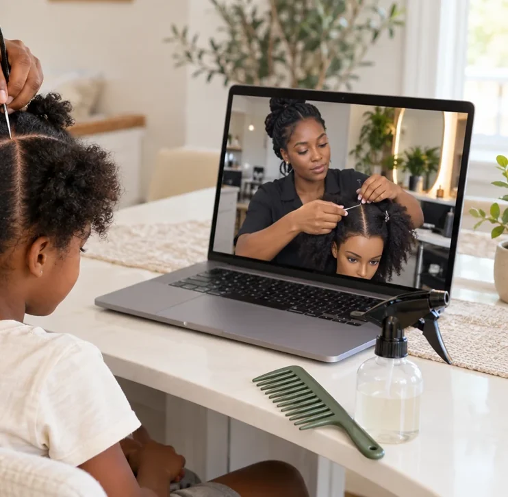 A stylist on a laptop screen answering a question while a girl waits with a comb nearby
