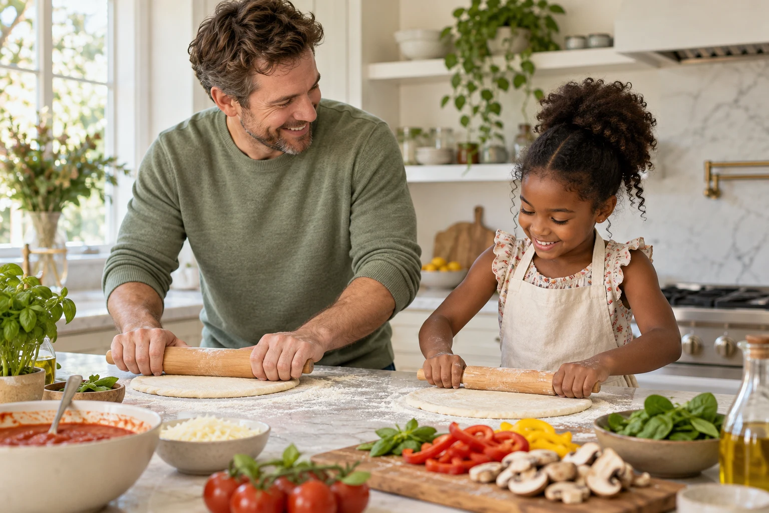 A father and daughter rolling out dough together in their kitchen