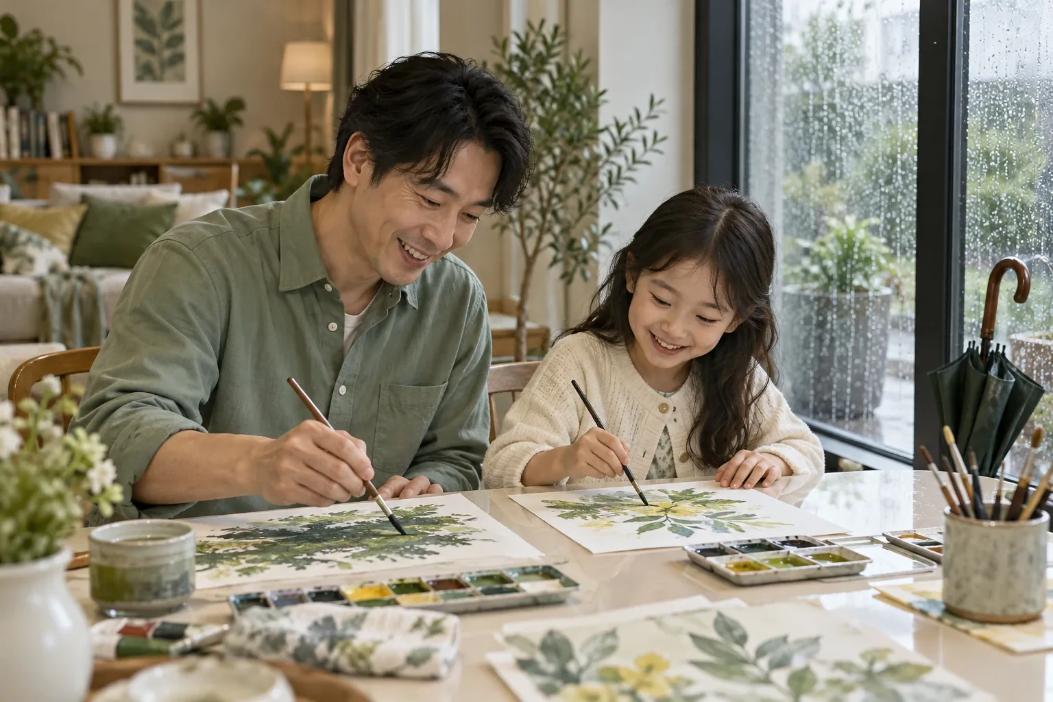 A father and daughter painting watercolors together on a rainy afternoon