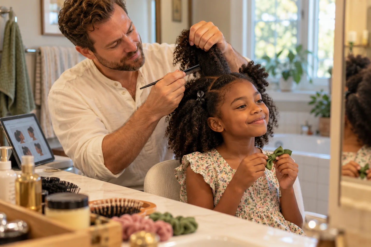A father learning practical hair care with his daughter