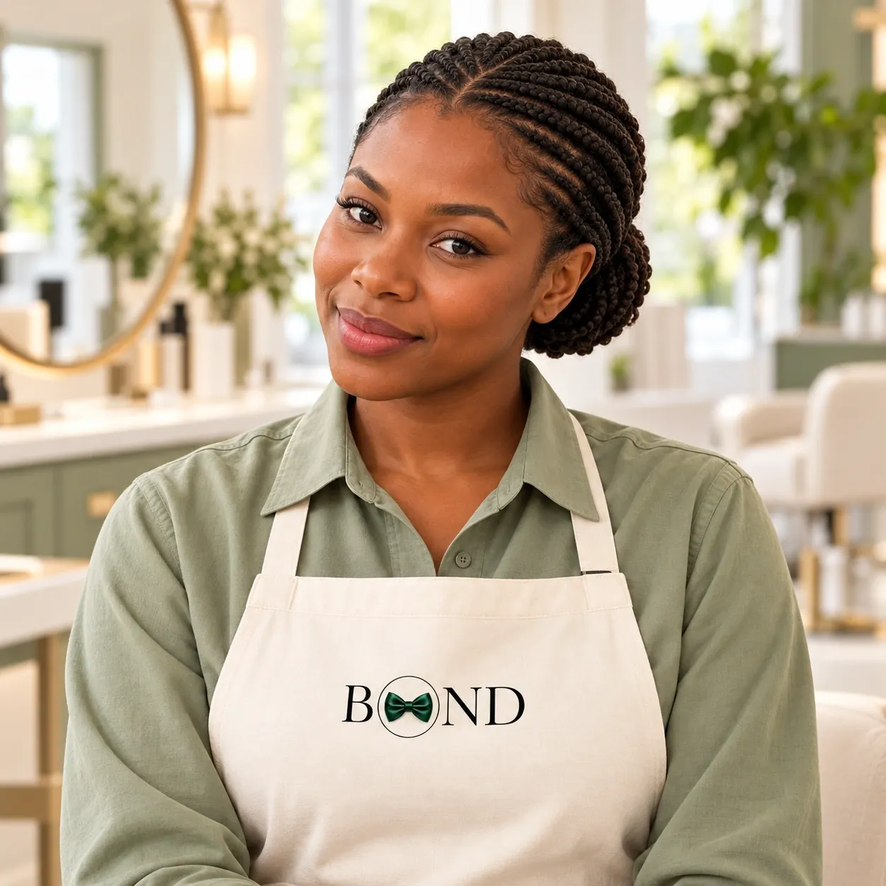 Illustrative Black stylist with braided hair in a BOND apron
