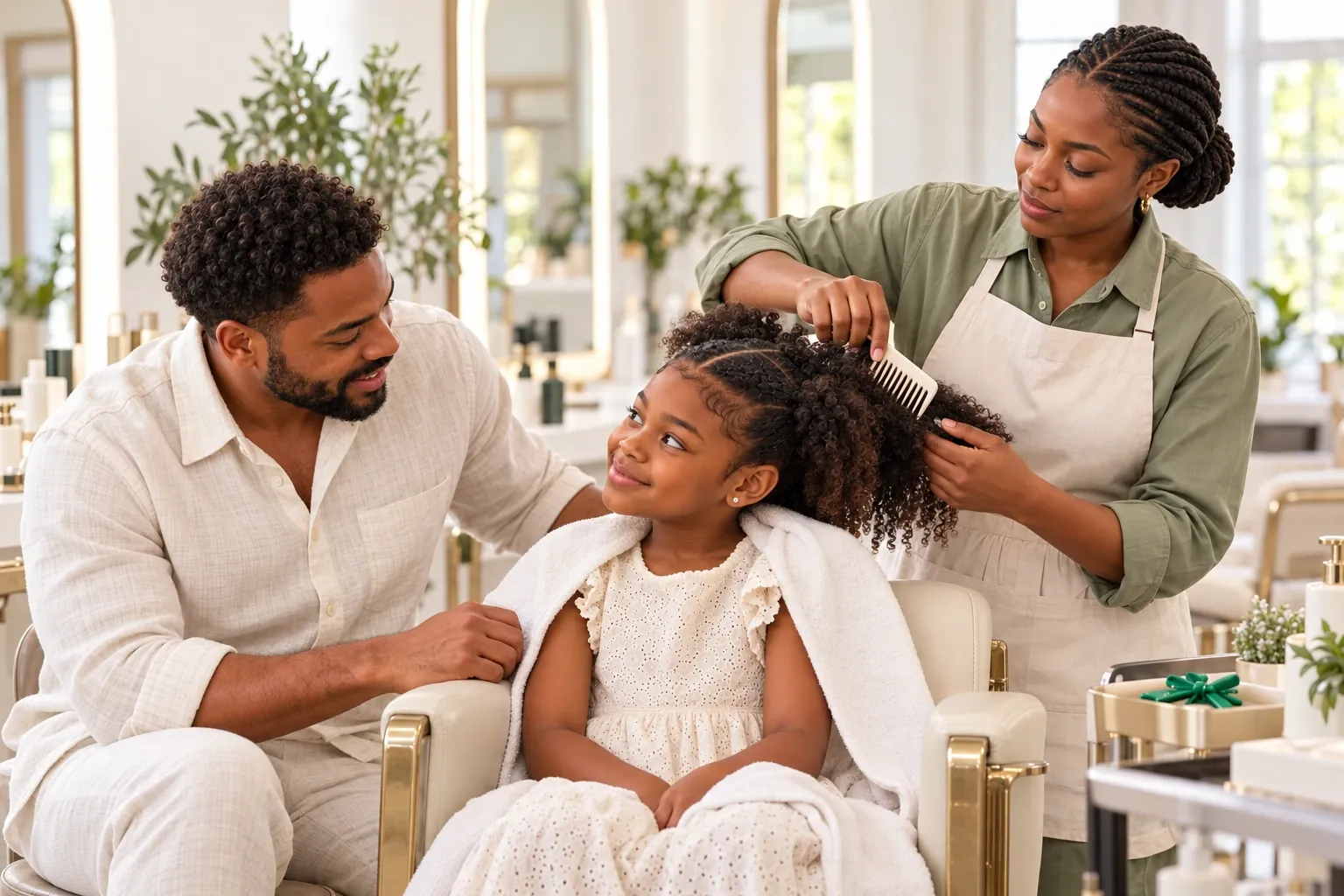 A stylist caring for a girl’s hair while her father sits beside her