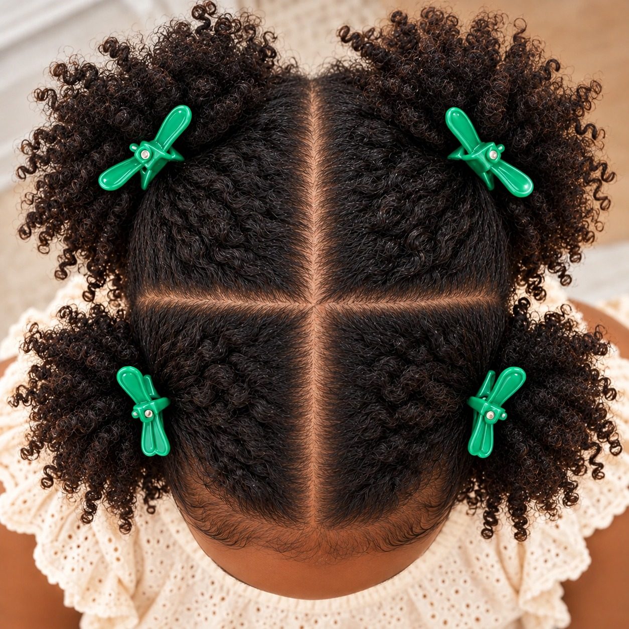 Top-down four-section parting reference matching the finished four-puff hairstyle