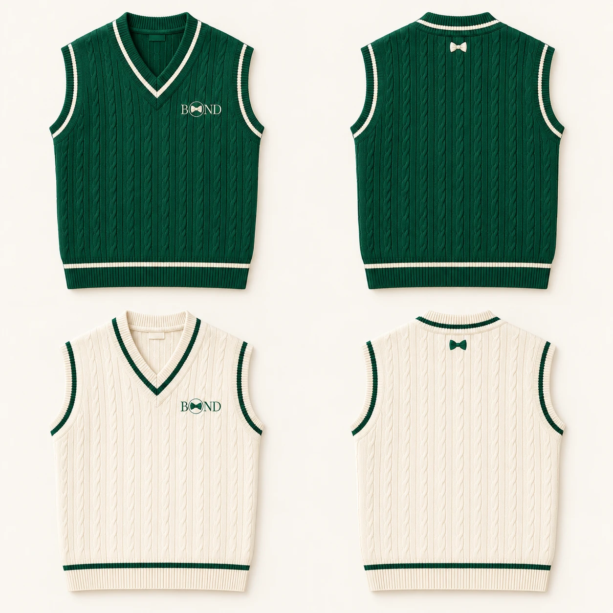 Cable Knit Club Vest for Dad: Royal green / ivory, front design view