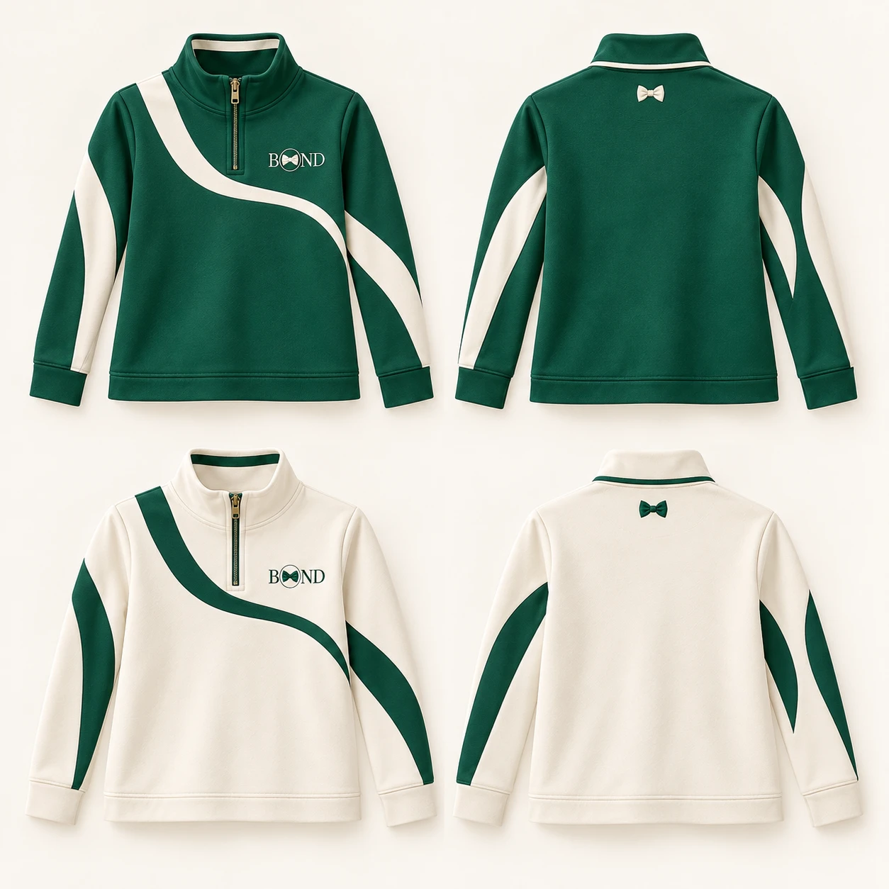 Curve Quarter-Zip for Daughter: Royal green / ivory, front design view