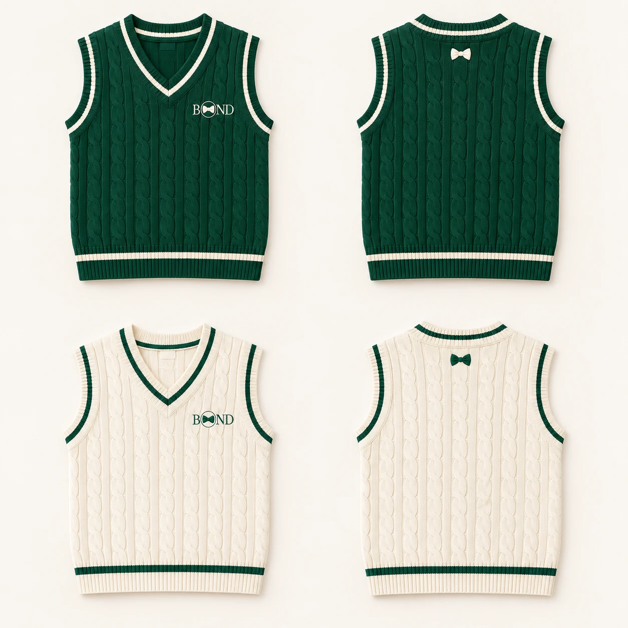 Cable Knit Club Vest for Daughter: Royal green / ivory, front design view