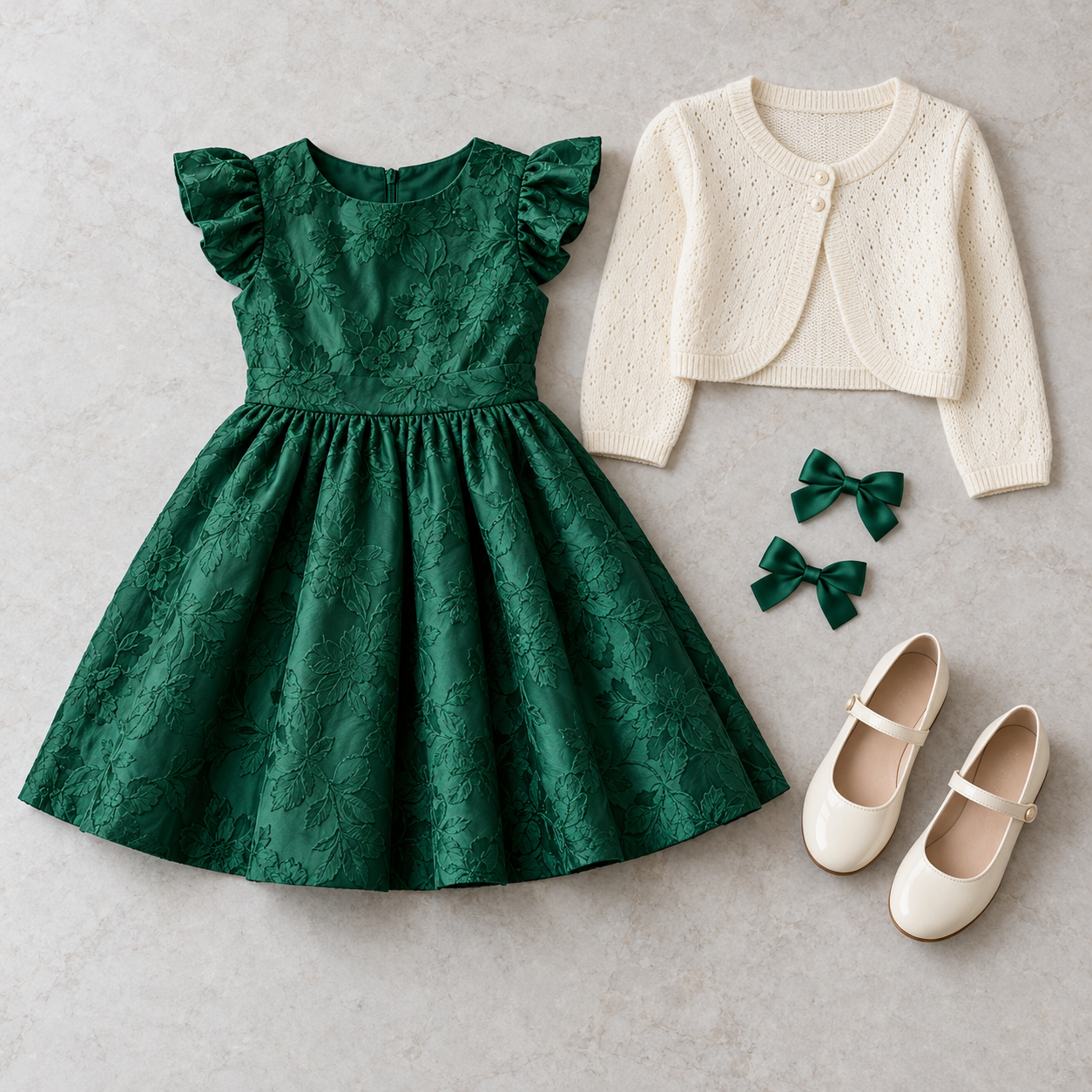 Complete emerald dress outfit with cardigan, shoes and bows