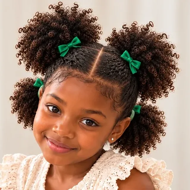 Finished four-puff hairstyle with emerald bows
