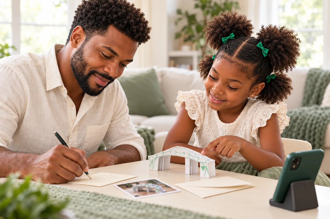 Marcus and Maya writing a card beside the paper bridge they built