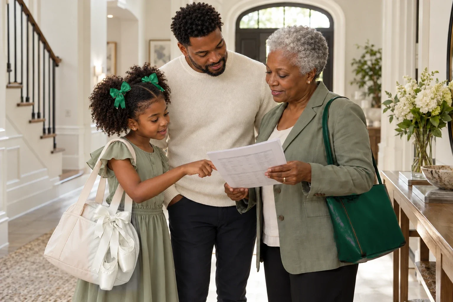 Marcus and Maya reviewing a plan with Grandma Joan